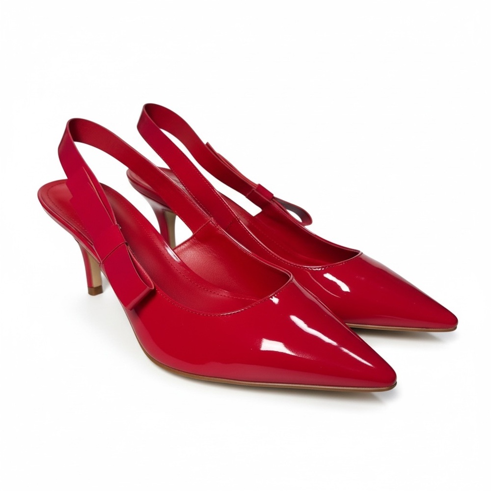 Red Patent Slingback Pointed-Toe Heels with Bow Accent - Picture 2 of 14